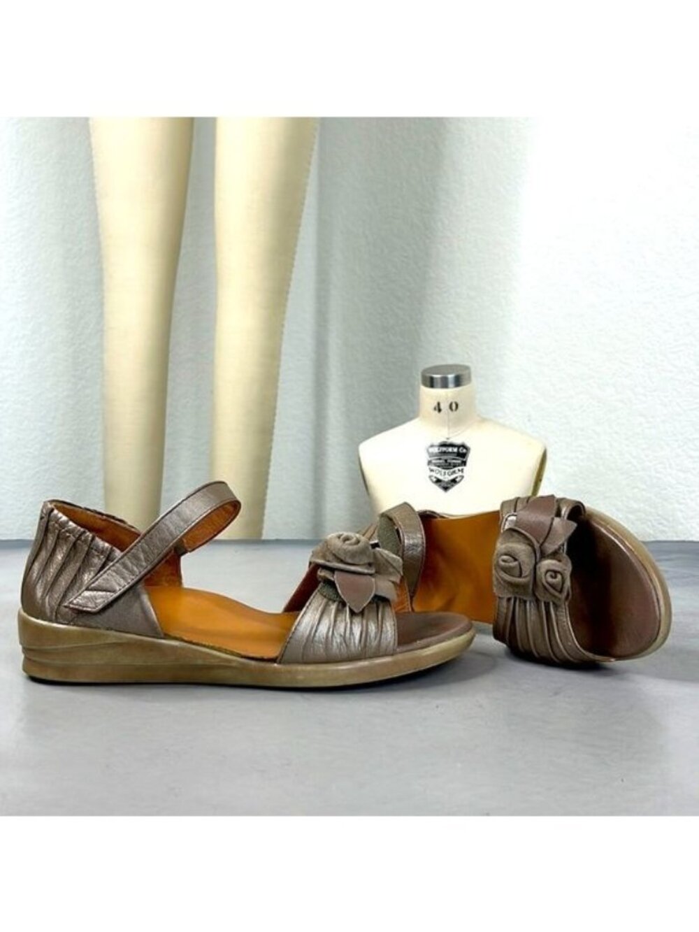 ZIERA Dimity Greige Leather Pleated Floral Wedge Velcro Sandals
